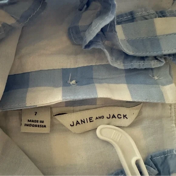 Janie and Jack Girls 7 Blue Gingham Ruffle Romper - Picture 3 of 5
